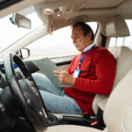 Man in red sweater checking clipboard inside car