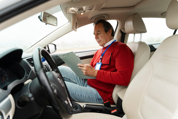 Man in red sweater checking clipboard inside car
